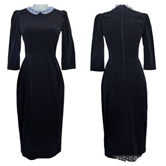 Vintage 80s 90s Jane Schaffhauser Black Velvet Formal Party Dress Crochet Size 4 - Picture 1 of 11